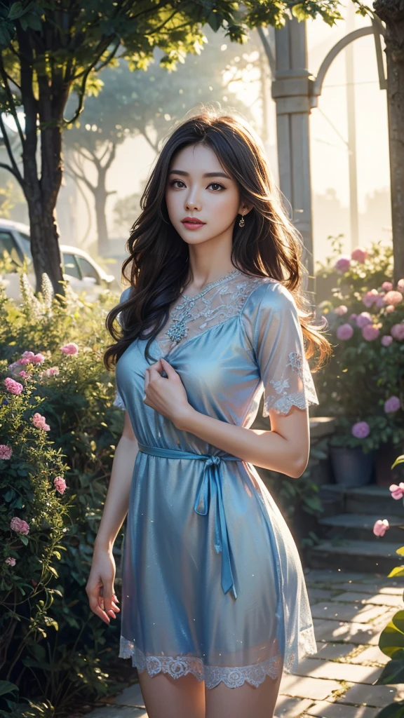 8K, UHD, MAsterpiece, best quality, 1 girl, (realistic face), happy pace, very long hair, small breasts, decorated dress, very beautiful ornaments dress, blue color, ((lace)), mesh dress, sardine, loops, in the garden, flowers, depth of field, cinematic lighting, chromatic aberration, motion blur, glowing light, god rays, ray tracing, reflection light, backlighting, knee short,