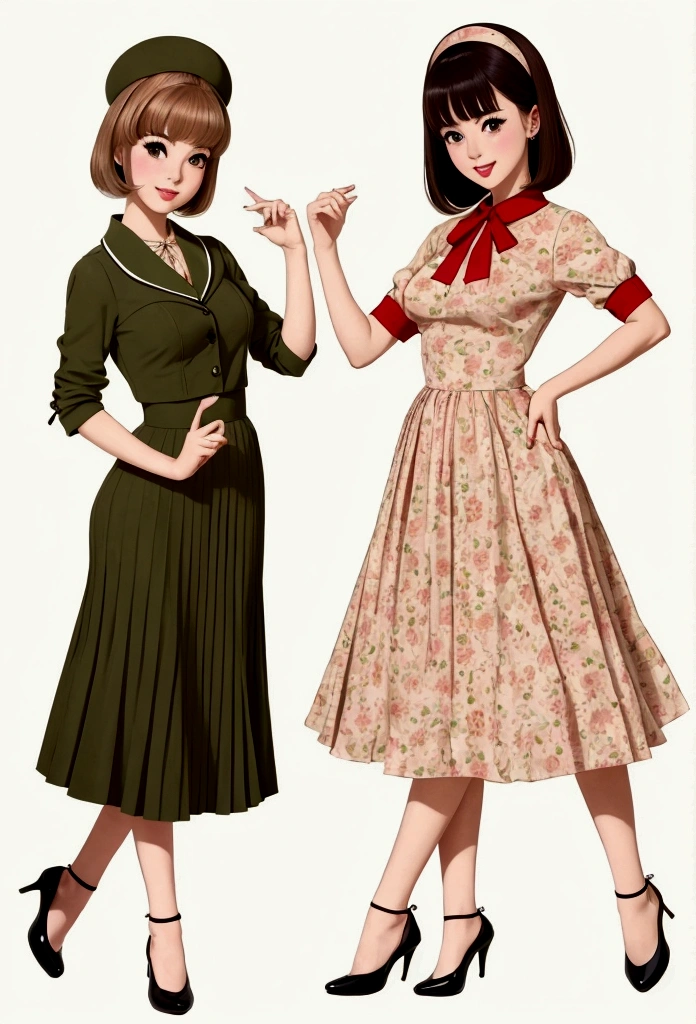 Neat and cute women in 1960s fashion、Dancing、Realistic Anime、