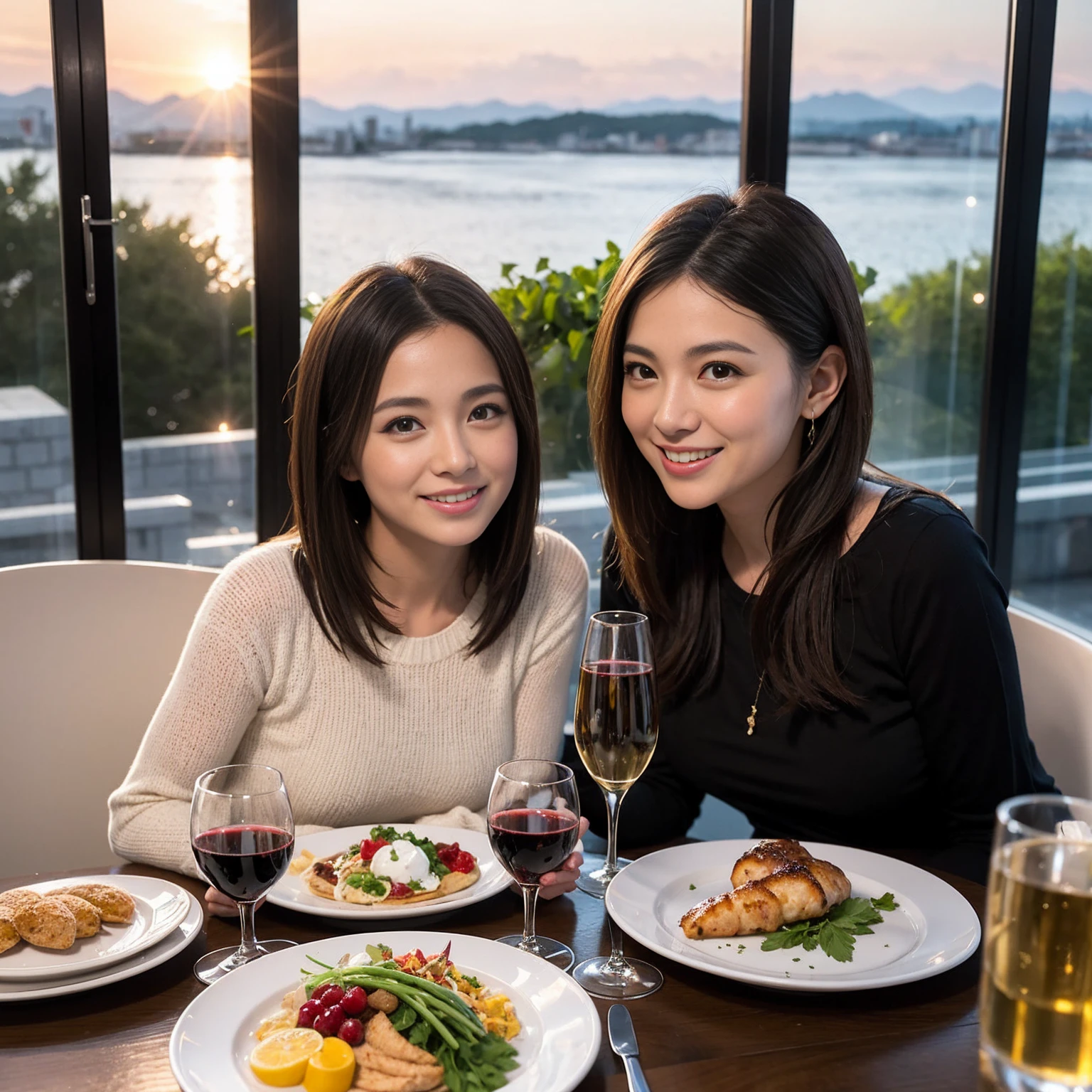 ((Highest quality、8k、masterpiece:1.3))、 (Genuineistic, Genuine、Bright image、Intricate details:1.2), 最高のsmile 男性1人 女性1人、美しいCouple、spouse、Relatives and friends、actress Couple、Couple、モデルCouple、smile、Full-course dinner at a packed table、テーブルにwine glass、 (Slim face), (the body is slim), (Brown Hair), (short hair), Please shine a light on my face、 Amazing view of the sunset sky and clouds、 (age 34), 38 years old, red wine 、Appetizers、Wine bottle、sparkling wine、Long sleeve shirt、dress、White wine, red wine, wine glass,