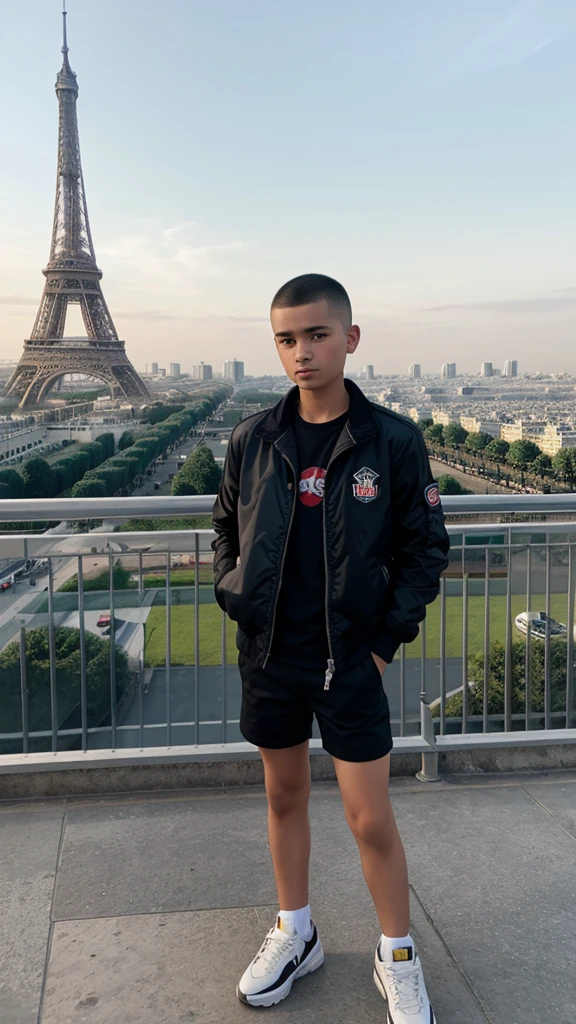 A boy 14 years old, buzz cut hair, wear jacket & sneakers at menara Eiffel Paris
