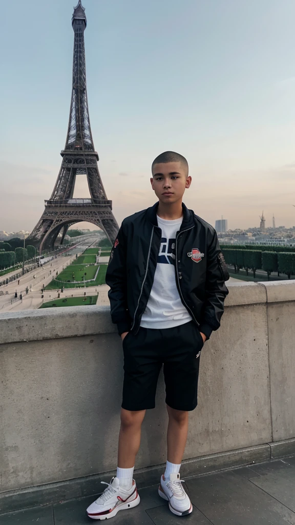 A boy , buzz cut hair, wear jacket & sneakers at menara Eiffel Paris