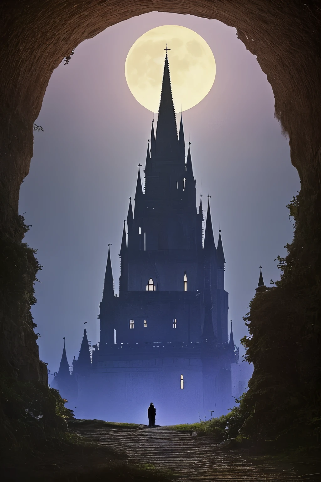 In the tranquil silence of a moonlit night, a tall, crumbling castle, draped in the shadows of an ancient forest, emerges as a haunting silhouette. The castle, a relic of a bygone era, stands majestically amidst the hushed whispers of the forest, its towering spires and weathered walls, a testament to the passage of time.

In the heart of the castle, a higher window, bathed in the ethereal glow of a solitary candle, illuminates the room within. Nestled within the soft, golden light is a young painter, her long black curls cascading down her back like inky tendr