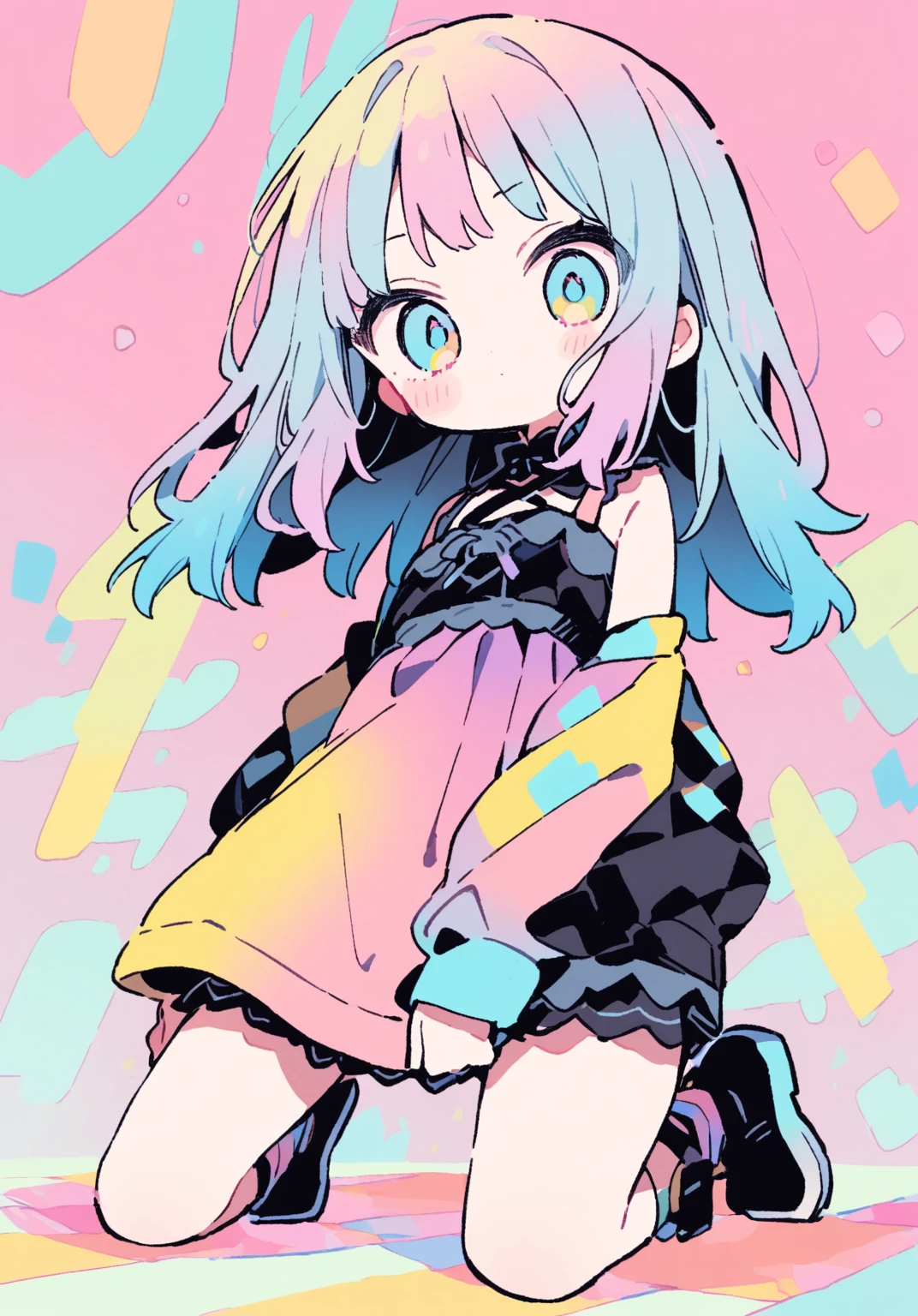 tegaki chibi Solo 1girl pastel colors gradient flat chest Gothic full body from below kneeling
