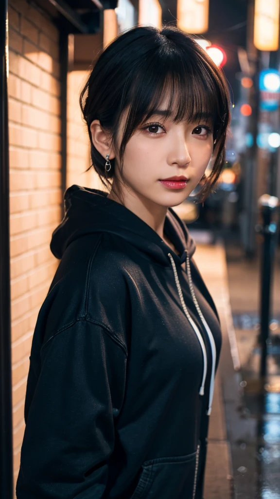 (Highest quality,masterpiece:1.3,Ultra-high resolution),(Super detailed,Caustics,8k), (Photorealistic:1.4, RAW shooting),Japanese,20-year-old,Natural brown short hair,Earrings,Natural Makeup,Red lipstick,Black hoodie,jeans,Rainy Sky,Dim Alley,Low position,Low - Angle,Face Focus,Face close up,Bust up shot