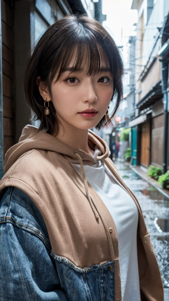 (Highest quality,masterpiece:1.3,Ultra-high resolution),(Super detailed,Caustics,8k), (Photorealistic:1.4, RAW shooting),Japanese,20-year-old,Natural brown short hair,Earrings,Natural Makeup,Red lipstick,Black hoodie,jeans,Rainy Sky,Dim Alley,Low position,Low - Angle,Face Focus,Face close up,Bust up shot