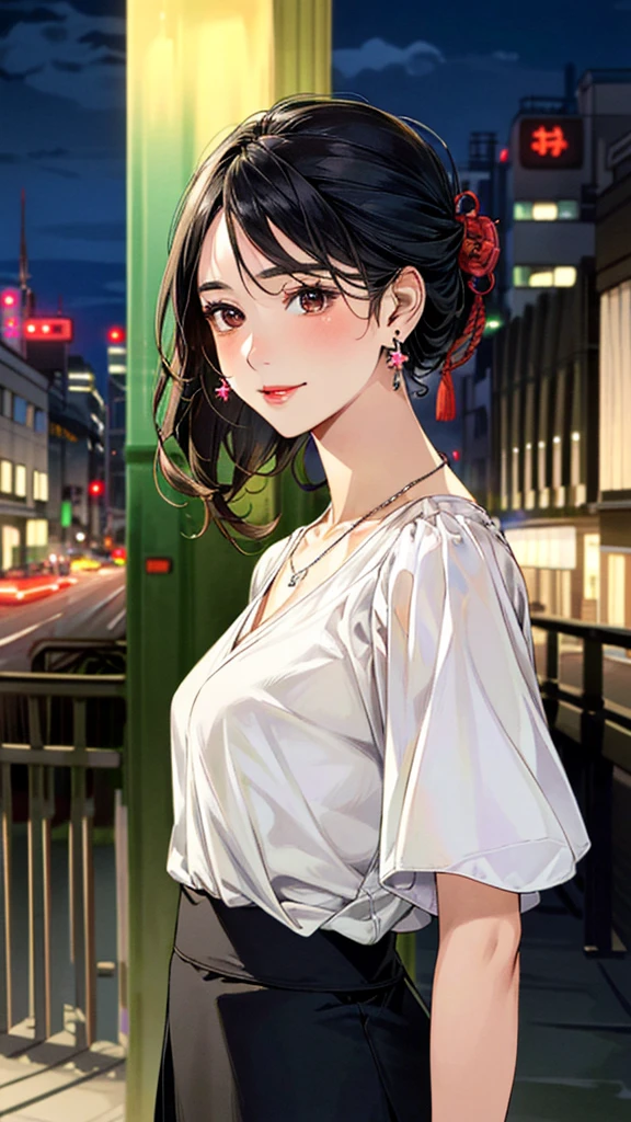 (masterpiece:1.3, Highest quality, Ultra-high resolution, Super detailed), (Realistic, photoRealistic:1.4), Beautiful illustrations, Perfect lighting, colorful, Depth of written boundary, 
Beautiful detailed hair, Beautifully detailed face, Beautiful fine details, Beautiful clavicle, Beautiful body, 美しいLarge Breasts, Beautiful thighs, Beautiful feet, Beautiful fingers, 
View Viewer、Front view:0.6, Beauty1人, Japanese, Beauty、30 years old, Perfect Face, (Perfect Anatomy, Anatomically correct), Cute and symmetrical face, Baby Face, , Shiny skin, 
((blouse:1.4)), ((Wrap skirt 1.5))、
(Black Hair, Medium、Updo Hair:1.4),  Dark brown eyes, (Large Breasts), Slim body, 
necklace, (Small earrings:1.3), 
(Beautiful views), (night), (city, cityscape in the distance), Standing with good posture, A soft smile、(Smile, Lips parted), 