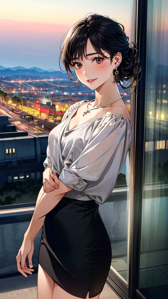 (masterpiece:1.3, Highest quality, Ultra-high resolution, Super detailed), (Realistic, photoRealistic:1.4), Beautiful illustrations, Perfect lighting, colorful, Depth of written boundary,
Beautiful detailed hair, Beautifully detailed face, Beautiful fine details, Beautiful clavicle, Beautiful body, 美しいLarge Breasts, Beautiful thighs, Beautiful feet, Beautiful fingers,
View Viewer、Front view:0.6, Beauty1人, Japanese, Beauty、30 years old, Perfect Face, (Perfect ???????, Anatomically correct), Cute and symmetrical face, Baby Face, , Shiny skin,
((blouse:1.4)), ((Wrap skirt 1.5))、
(Black Hair, Medium、Updo Hair:1.4), Dark brown eyes, (Large Breasts), Slim body,
necklace, (Small earrings:1.3),
(Beautiful views), (night), (city, cityscape in the distance), Standing with good posture, A soft smile、(Smile, Lips parted),
