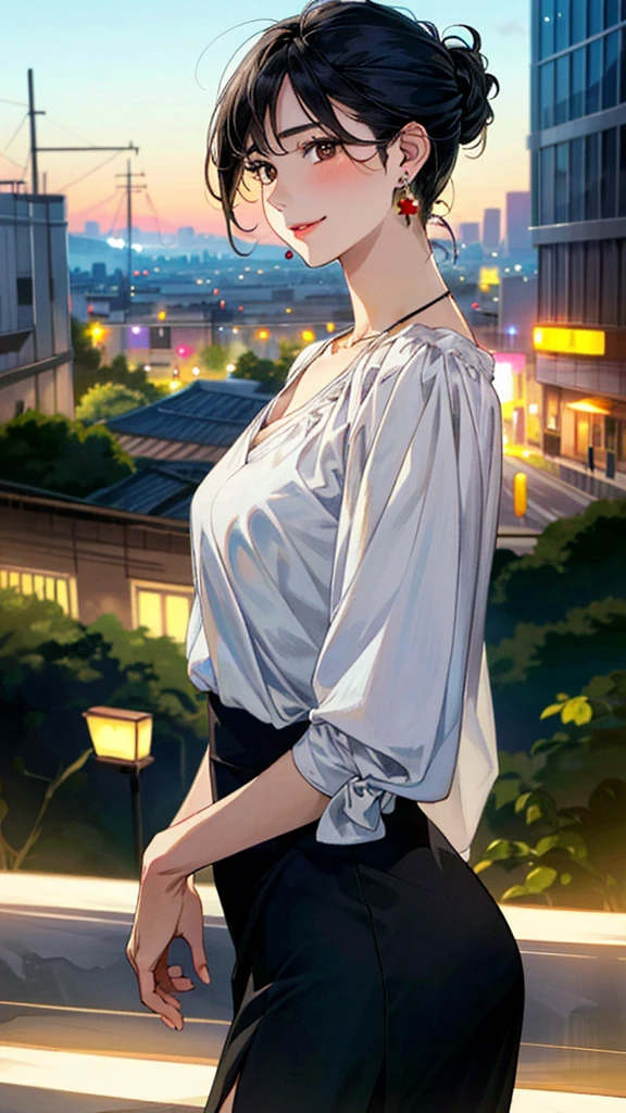 (masterpiece:1.3, Highest quality, Ultra-high resolution, Super detailed), (Realistic, photoRealistic:1.4), Beautiful illustrations, Perfect lighting, colorful, Depth of written boundary,
Beautiful detailed hair, Beautifully detailed face, Beautiful fine details, Beautiful clavicle, Beautiful body, 美しいLarge Breasts, Beautiful thighs, Beautiful feet, Beautiful fingers,
View Viewer、Front view:0.6, Beauty1人, Japanese, Beauty、30 years old, Perfect Face, (Perfect ???????, Anatomically correct), Cute and symmetrical face, Baby Face, , Shiny skin,
((blouse:1.4)), ((Wrap skirt 1.5))、
(Black Hair, Medium、Updo Hair:1.4), Dark brown eyes, (Large Breasts), Slim body,
necklace, (Small earrings:1.3),
(Beautiful views), (night), (city, cityscape in the distance), Standing with good posture, A soft smile、(Smile, Lips parted),