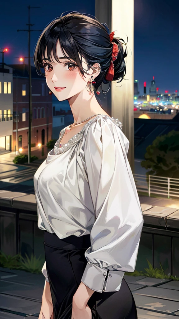 (masterpiece:1.3, Highest quality, Ultra-high resolution, Super detailed), (Realistic, photoRealistic:1.4), Beautiful illustrations, Perfect lighting, colorful, Depth of written boundary,
Beautiful detailed hair, Beautifully detailed face, Beautiful fine details, Beautiful clavicle, Beautiful body, 美しいLarge Breasts, Beautiful thighs, Beautiful feet, Beautiful fingers,
View Viewer、Front view:0.6, Beauty1人, Japanese, Beauty、30 years old, Perfect Face, (Perfect Anatomy, Anatomically correct), Cute and symmetrical face, Baby Face, , Shiny skin,
((blouse:1.4)), ((Wrap skirt 1.5))、
(Black Hair, Medium、Updo Hair:1.4), Dark brown eyes, (Large Breasts), Slim body,
necklace, (Small earrings:1.3),
(Beautiful views), (night), (city, cityscape in the distance), Standing with good posture, A soft smile、(Smile, Lips parted),
