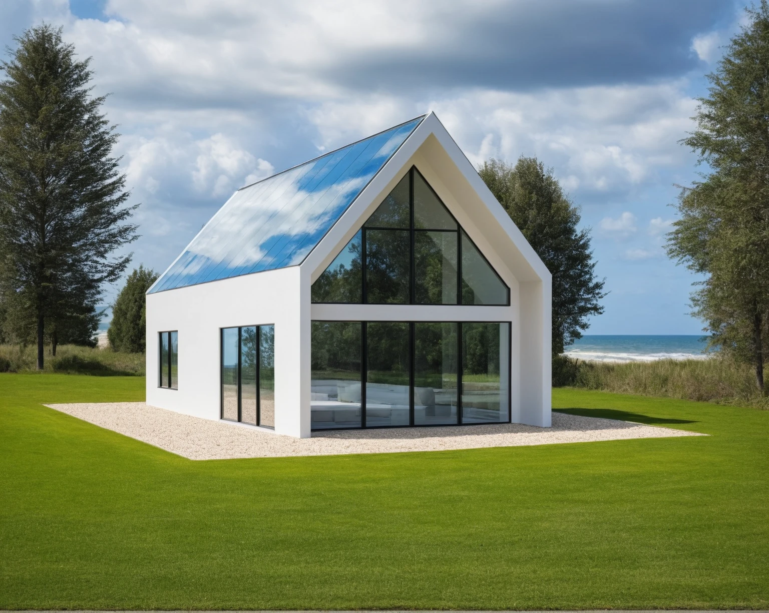 Raw photo, Masterpiece, high quality, best quality, authentic, super detail,
outdoors, house style modern, white wall, glass windows, roof, beach
road, grass, trees, sky, cloud, daylight:2.2), vivid colors, (realistic:2.3),
