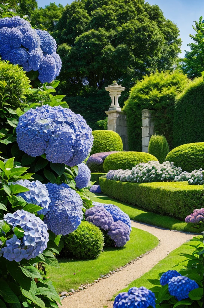 Hydrangea, garden, lake, Small hill, Pebble Road, wallpaper, Art Deco, High detail, Cubism Futurism, Surrealism, Modern, Gothic art, atmospheric perspective, Panorama, perspective, Diffraction Spikes, masterpiece, Highest quality, Anatomically correct, High details, 8k