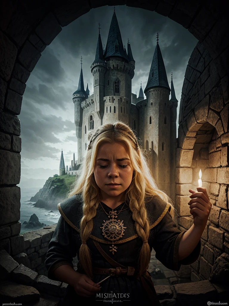 Generates a drawing illustration of a dwarf, blonde, medieval, crying, mientras construye un castillo de paredes negras y suelo gris, dibujo estilo fantasia oscura, pintura