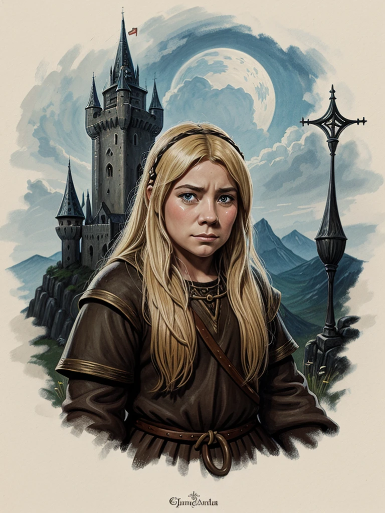 Generates a drawing illustration of a dwarf, blonde, medieval, crying, mientras construye un castillo de paredes negras y suelo gris, dibujo estilo fantasia oscura, pintura