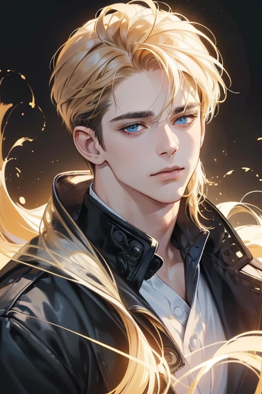 (best quality digital art digital illustration 4k high resolution beautiful image hyper-detailed image perfect lines soft lighting night environment smooth zoom perfect face) (1:1 photorealistic) (neutral colors hdr 1.4) an adult 35 year old man (thoughtful expression) very beautifu blue l eyes deep golden medium hair modern clothes black (dark background), (CEO).