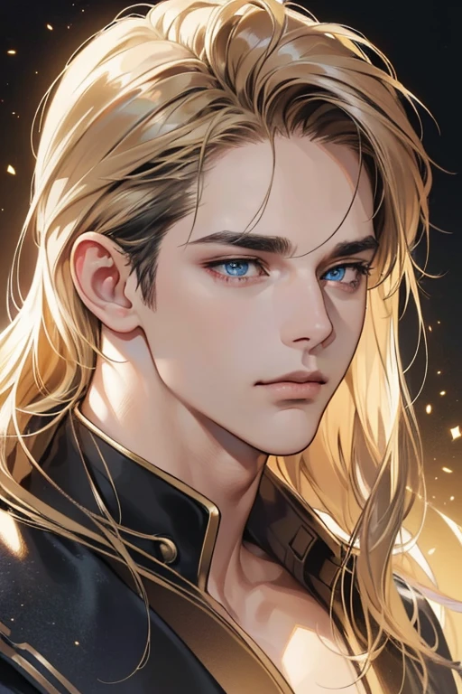 (best quality digital art digital illustration 4k high resolution beautiful image hyper-detailed image perfect lines soft lighting night environment smooth zoom perfect face) (1:1 photorealistic) (neutral colors hdr 1.4) an adult 35 year old man (thoughtful expression) very beautifu blue l eyes deep golden medium  hair modern clothes black (dark background), (CEO).