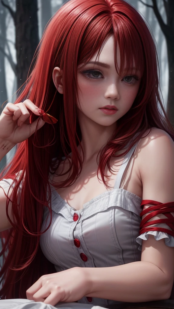 tiny flea on red-haired woman, description of obsession with blood, modern era, casual clothing, scalp, flea exploring hair, dark eerie forest background, close-up, hyper-realistic, photo realism, cinematography