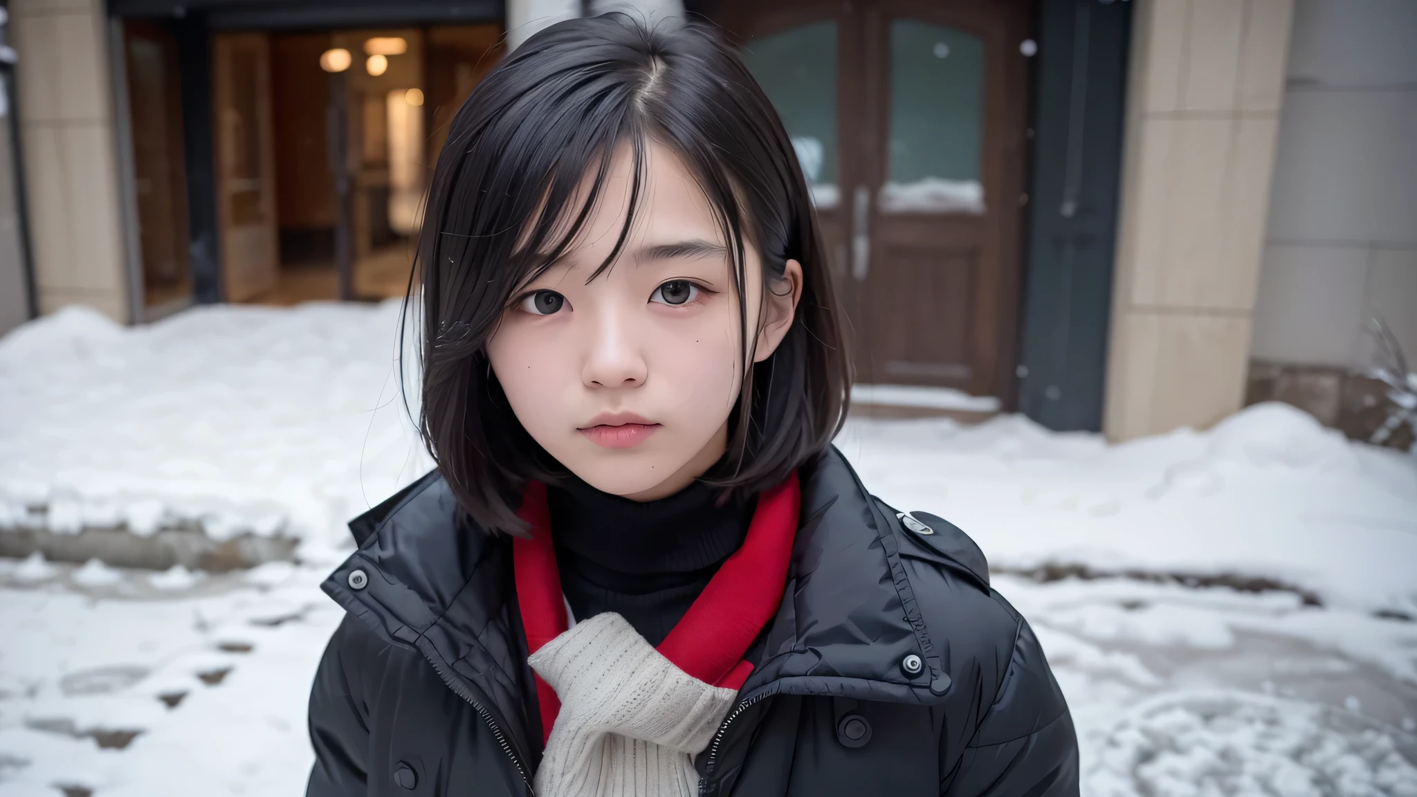 high resolution, alone, (20-year-old)), Lonely look, View your viewers, Upper Body, Deep neckline, ((Black Hair)), Winter clothing, The background is right next to the entrance of the building., The door is open, There is snow all around, It's snowing, Surrealism, UHD, retina, masterpiece, accurate, textured skin, anatomically correct, super detail, high details, high quality, highres, best quality, award winning