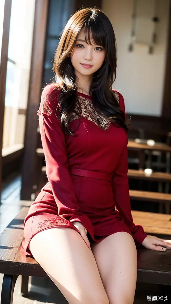 masterpiece, Highest quality,16k, Ultra-high resolution,The light and shadow of reality,Cinema Lenses,(Very skinny),(Very firm and beautiful breasts),((Her waist is slim and beautiful)),((Very small and firm beautiful ass)),((She has outstanding style)),(Pure white beautiful skin),(Pure white teeth)),((Large, clear, beautiful eyes)),((Her face is very small)),((Cute Japanese Girls)),((She is wearing a bright red lace miniskirt dress.)),((Sitting on a bench in a stylish cafe)),(Sexy pose),(Beautiful Eyes:1.1),Reflecting clear eyes and a gentle smile,