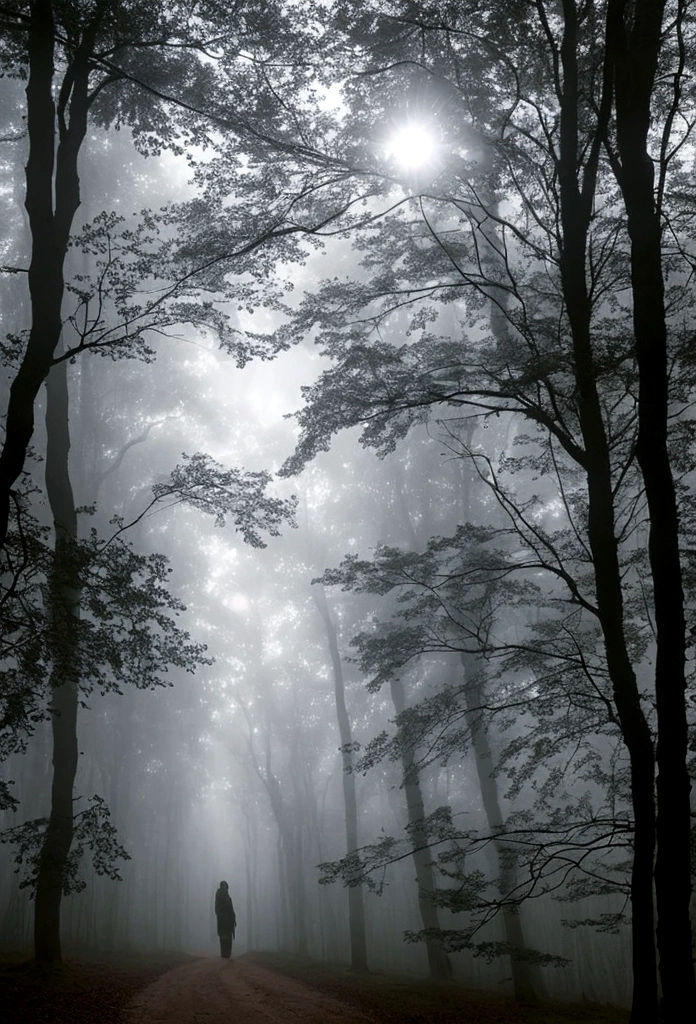 "An intriguing image of a dark path in the forest, slightly foggy. In the background, at the edge of the trees, se trouve une silhouette inquiétante d'un monstre, plus visible mais toujours partiellement cachée parmi les arbres. At the forefront, une femme se tient au début du chemin, tenant un parapluie, visiblement effrayée par ce qu'elle aperçoit au loin. L'atmosphère est tendue et mystérieuse, with dim light peeking through the trees, ajoutant une touche de mystère et de suspense."