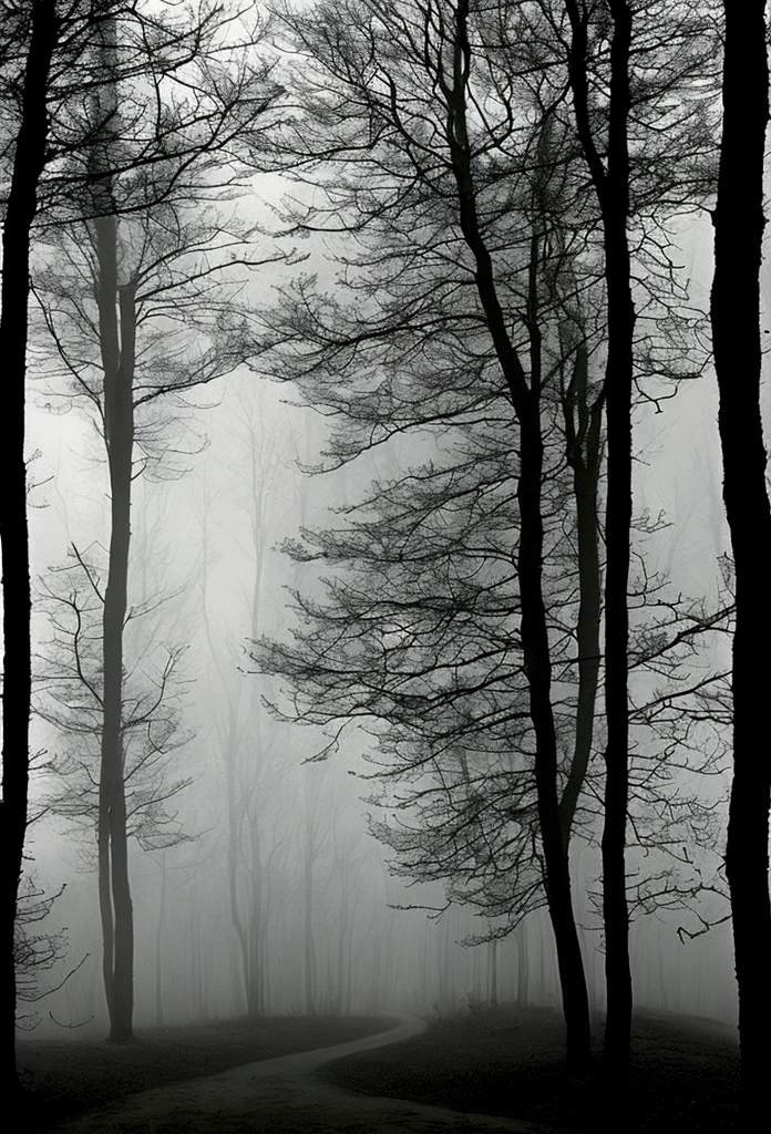 "An intriguing image of a dark path in the forest, slightly foggy. In the background, at the edge of the trees, se trouve une silhouette inquiétante d'un monstre, plus visible mais toujours partiellement cachée parmi les arbres. At the forefront, une femme se tient au début du chemin, tenant un parapluie, visiblement effrayée par ce qu'elle aperçoit au loin. L'atmosphère est tendue et mystérieuse, with dim light peeking through the trees, ajoutant une touche de mystère et de suspense."