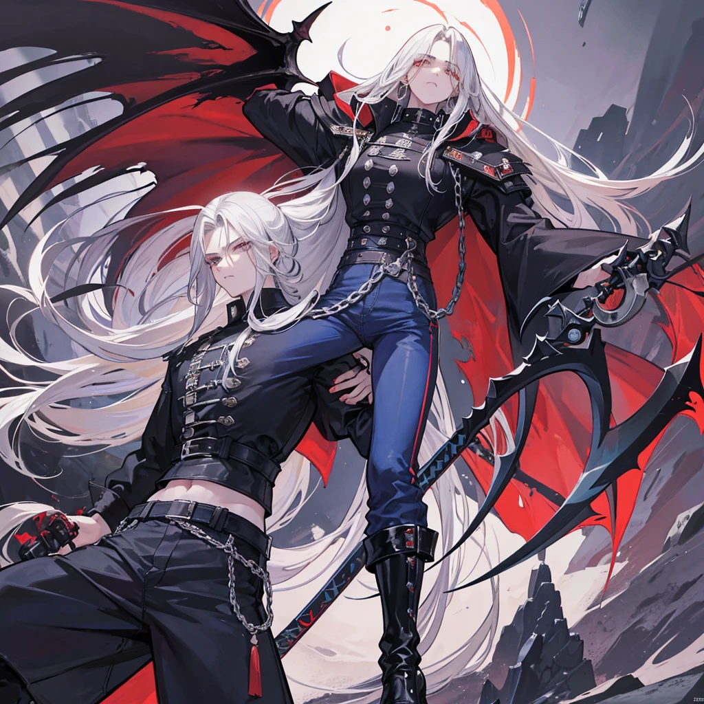 Um cara com 1,88 de altura com cabelos brancos prateados extremamente bonito como o Alucard de Castlevania mas com um Wolfcut/mullet, wears very wide black pants like the ones "jnco jeans" a nirvana shirt and carries a huge demonic scythe