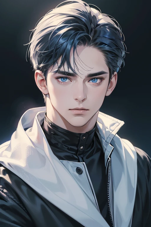 (best quality digital art digital illustration 4k high resolution beautiful image hyper-detailed image perfect lines soft lighting night environment smooth zoom perfect face) (1:1 photorealistic) (neutral colors hdr 1.4) an adult 35 year old man (thoughtful expression) very beautifu blue l eyes deep blue medium hair modern clothes black (dark background)