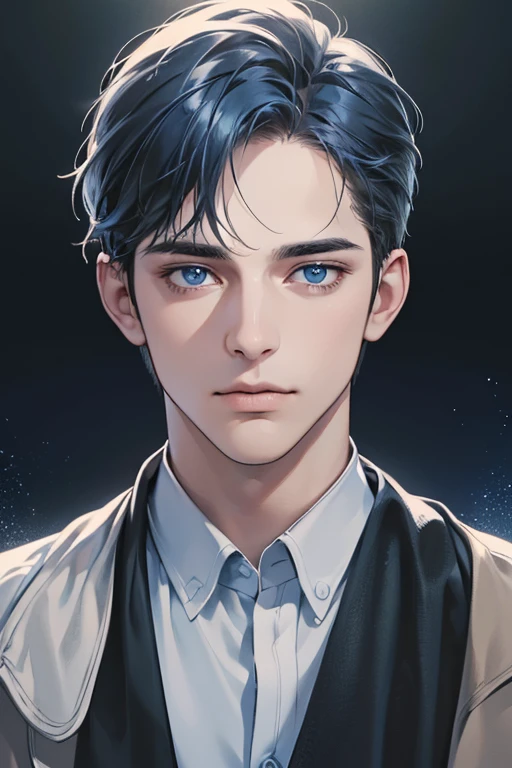 (best quality digital art digital illustration 4k high resolution beautiful image hyper-detailed image perfect lines soft lighting night environment smooth zoom perfect face) (1:1 photorealistic) (neutral colors hdr 1.4) an adult 35 year old man (thoughtful expression) very beautifu blue l eyes deep blue medium hair modern clothes black (dark background)