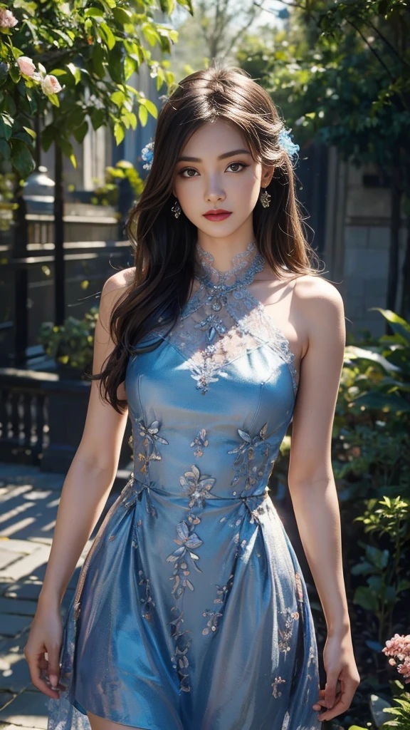 8K, UHD, MAsterpiece, best quality, 1 girl, (realistic face), happy pace, very long hair, small breasts, decorated dress, very beautiful ornaments dress, blue color, ((lace)), mesh dress, sardine, loops, in the garden, flowers, depth of field, cinematic lighting, chromatic aberration, motion blur, glowing light, god rays, ray tracing, reflection light, backlighting, knee short,