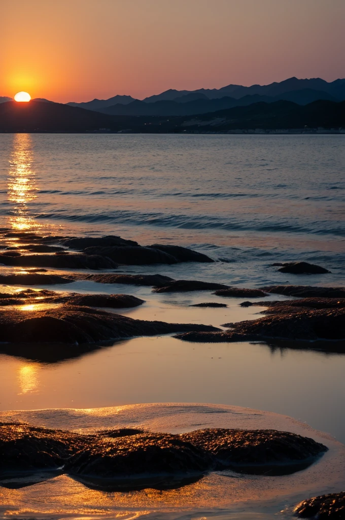 : "A tranquil evening at Matsuho Bay, where seaweed is burned for salt. The setting sun reflects on the calm waters, symbolizing the poet’s burning longing for a person who does not come."