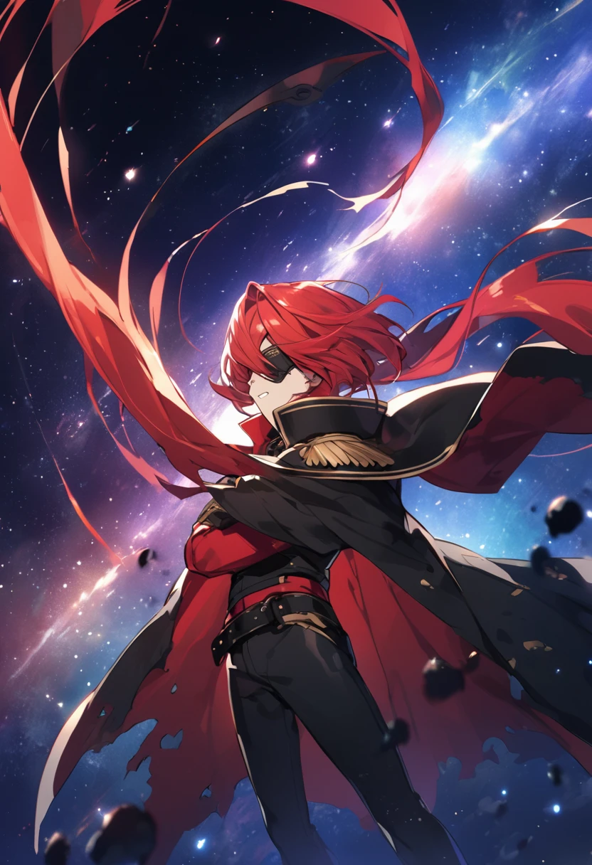 Captain Harlock, Eye Patch, Red hair, standing, black cape fluttering, space background,