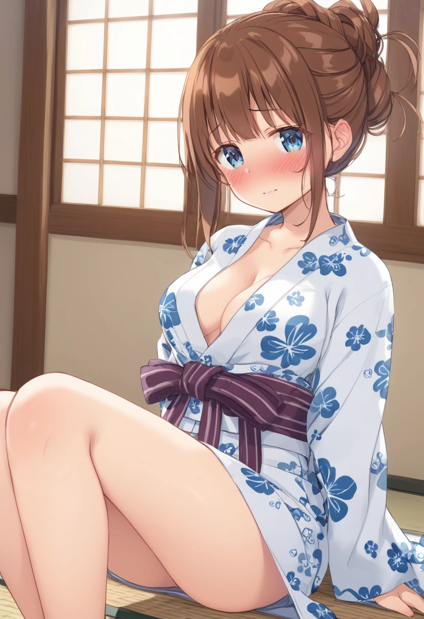 Cute ****** beautiful girl、、naked、A dumbfounded look(blush:1.5)、Embarrassed、Brown skin、Open yukata、Beautiful breasts,Tied up hair、