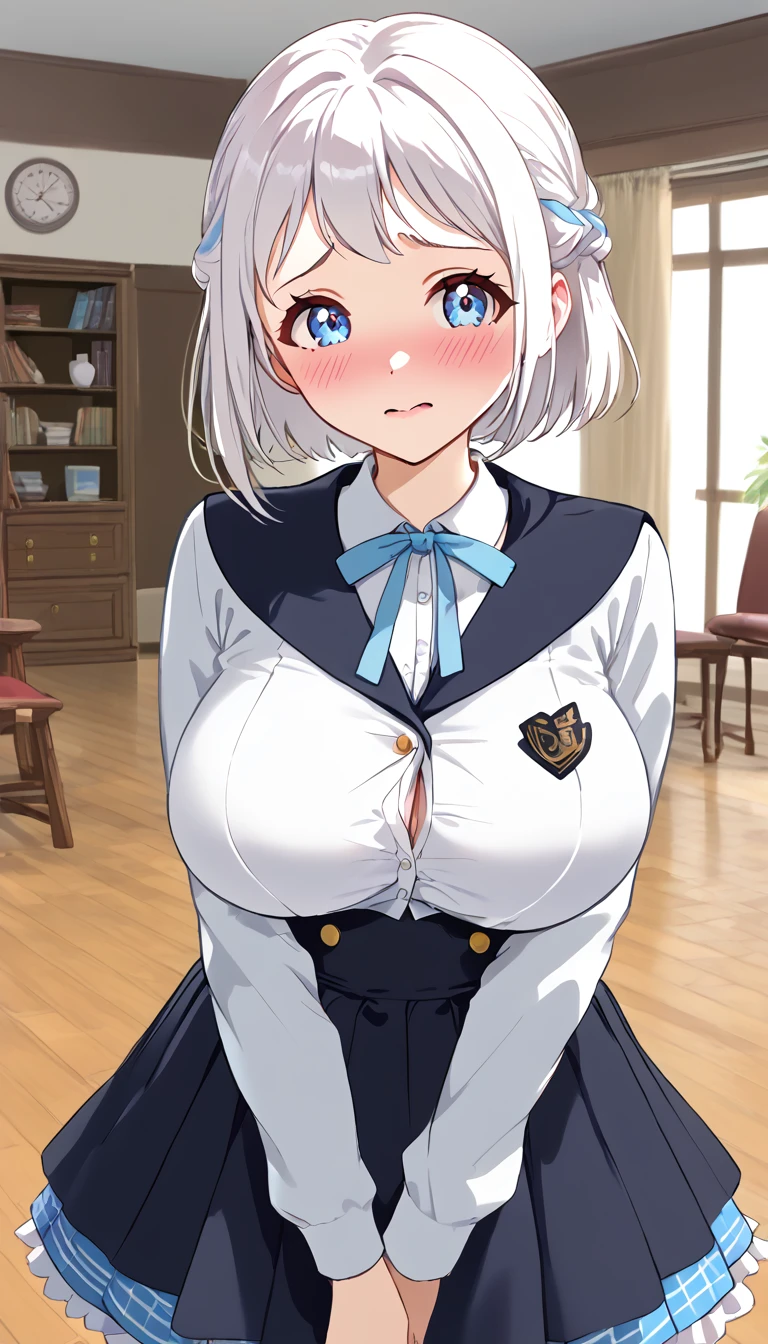 16k,1girl, katsuragi lilja,blue eyes,white hair,short hair,braid,,sailor collar,neck ribbon, white shirt,layered skirt,high-waist skirt,looking view,blush,embarrassed,((((big breast))),((Big Tits))),(The chest is open),cleavege,breast focus,NSFW,beautiful face,beautiful eyes,details eyes