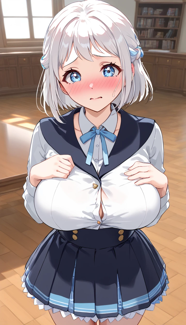 16k,1girl, katsuragi lilja,blue eyes,white hair,short hair,braid,,sailor collar,neck ribbon, white shirt,layered skirt,high-waist skirt,looking view,blush,embarrassed,((((big breast))),((Big Tits))),(The chest is open),cleavege,breast focus,NSFW,beautiful face,beautiful eyes,details eyes