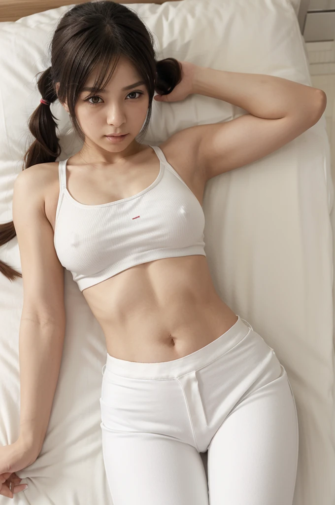 Anime girl, nahida genshin impact, tanktop, twintail, show tight, white pants, show clavages, soft, lying on the bed