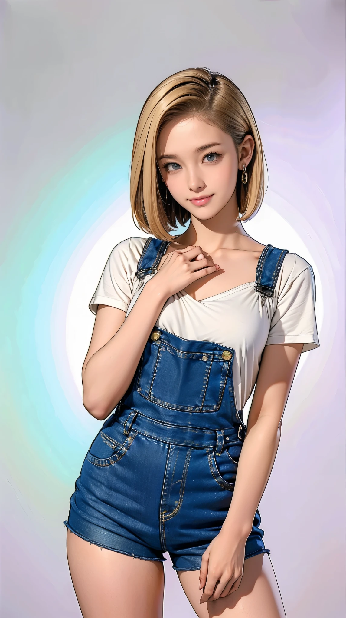 ((masterpiece)),(((Highest quality))),((Character design sheet)),Thin thighs,Long legs,Android 18, alone, Blonde, blue eyes, short hair, Cute smile,Earrings, jewelry, Medium Milk,Clean your hands, Wear denim fabric overalls, No shirt,Photo of slim girl model, Close-up body shot,street, (External dilated chest: 1.2)