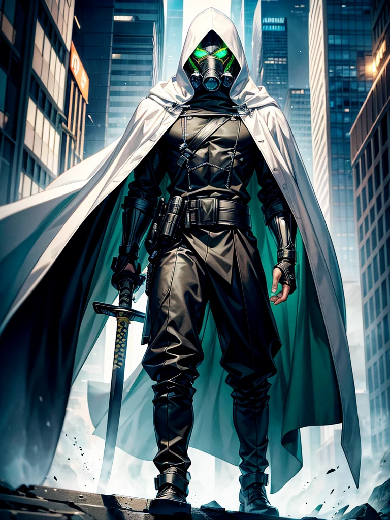 A tall muscular 17 year old boy with messy white hair, wearing a black gas mask covering his face, a white cloak with its hood up and a black fullbody suit. Glowing green eyes and carrying a black katana on his waist. In an urban city.