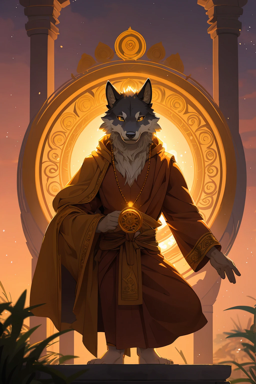 male wolf monk in the garden,dreamy background,lotus position,put one's palms together,The Sanskrit golden wheel behind it,Flying golden Sanskrit,kindness, divinity,divine light,holy light,boundless light,magnificent sunset background,octane render,gorgeous features,beautifully detailed eyes,intricate fur,detailed face,perfect skin texture,extreme details,full body view,cinematic lighting,professional lighting,centered, looking at camera,8k,shot with Hasselblad X1D-50, maximum focus, depth of field, perfect lighting, light particles,(best quality),(masterpiece),(ultra detailed),sharp focus,light particles