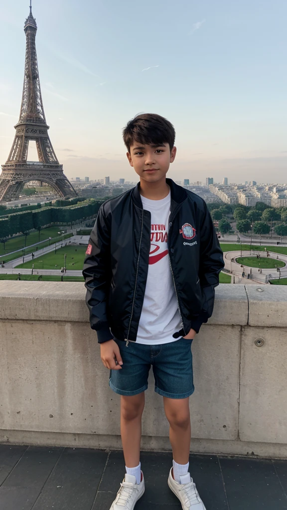 A boy 14 years old, short hair, wear jacket & sneakers at menara Eiffel Paris