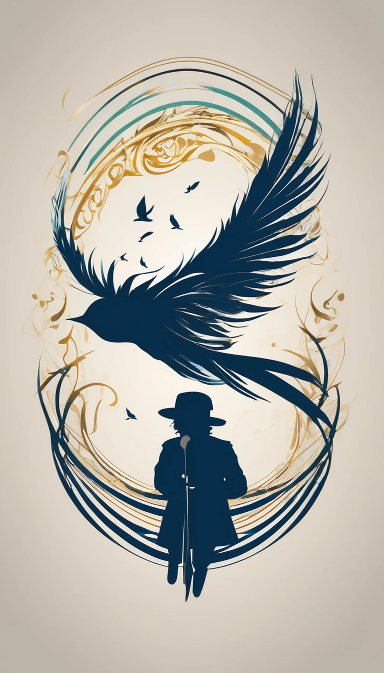 Create a cinematic, abstract symbol for a film production company based on stories and music called "Penamemoria". The logo should represent the creative journey of Rafael Figueiras, a young boy guitarrist, a unique feather and a fantasy bird.