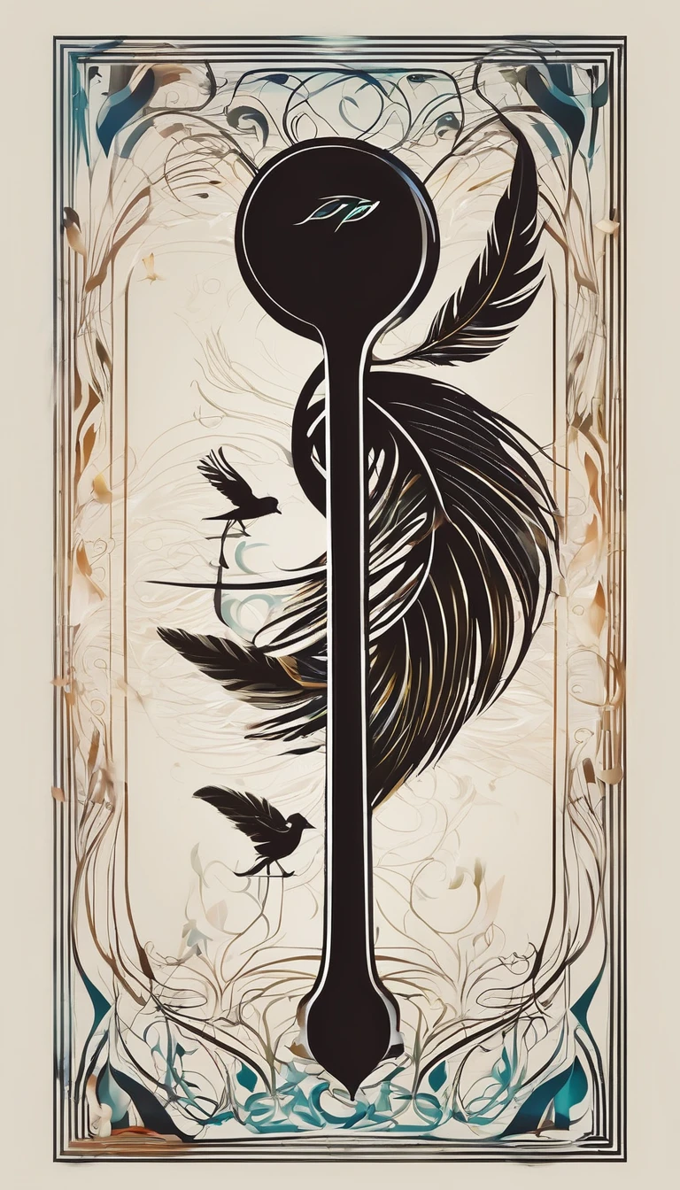 Create a cinematic, abstract symbol for a film production company based on stories and music called "Penamemoria". The logo should represent the creative journey of Rafael Figueiras, a young boy guitarrist, a unique feather and a fantasy bird.