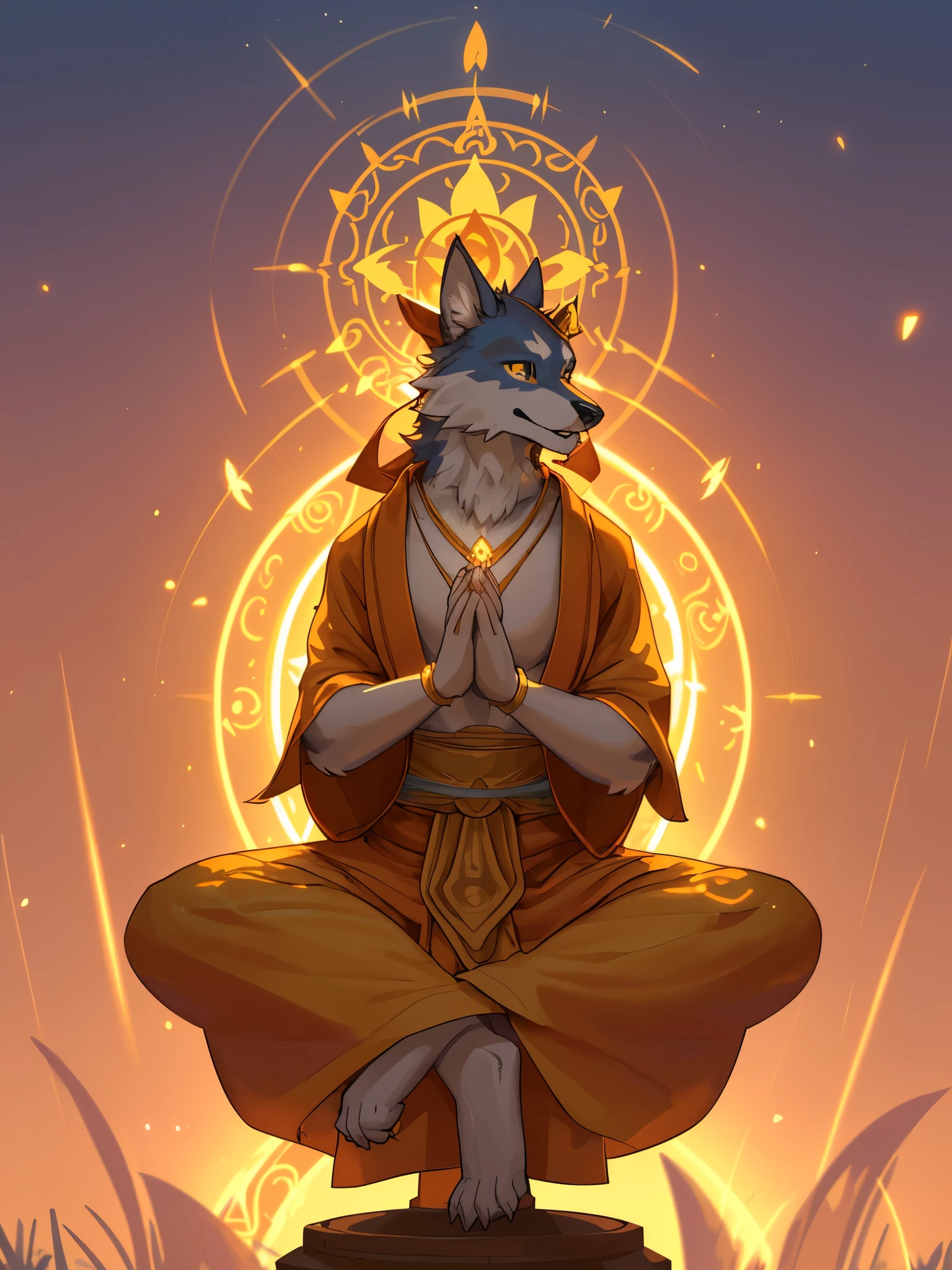 male wolf monk in the garden,dreamy background,lotus position,put one's palms together,The Sanskrit golden wheel behind it,Flying golden Sanskrit,kindness, divinity,divine light,holy light,boundless light,magnificent sunset background,octane render,gorgeous features,beautifully detailed eyes,intricate fur,detailed face,perfect skin texture,extreme details,full body view,cinematic lighting,professional lighting,centered, looking at camera,8k,shot with Hasselblad X1D-50, maximum focus, depth of field, perfect lighting, light particles,(best quality),(masterpiece),(ultra detailed),sharp focus,light particles