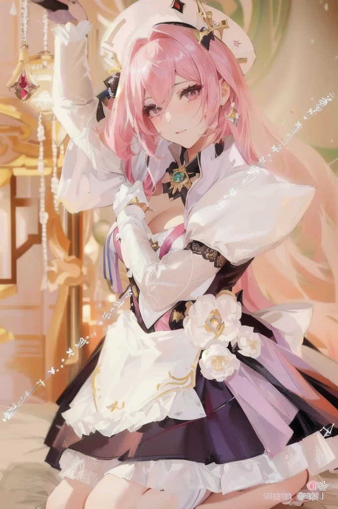 a close up of a woman in a skirt and hat with a pink hair, anime girl role play, anime role play, ornate role play, elegant glamourous role play, Belle Delphine, Anime Goddess, role play of a catboy! maid! skirt, Portrait of a magical girl, glamourous role play, Keqing from genshin impact, role play, 《Genshin Impact》Zhongli