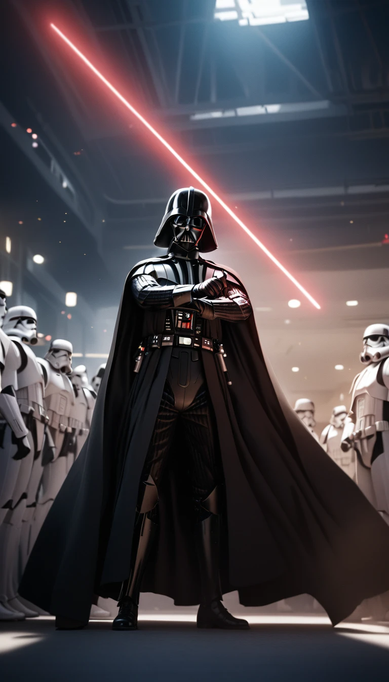 darth vader standing in front of a group of storm troopers in a room, holding lightsabe in his hands, walking across a bunch of stormtroopers behind him, Black_outfit,hood, hood_up, boots, darth vader helmet,cape,armor, shoulder armor, armored boots, glowing_sword, glowing_weapon,holding_sword, holding_weapon, hood, laser, lightsaber,holding a lightsaber,energy_sword, glowing, glowing_weapon,darth vader, 1 Man, looking at viewer,(closed mouth:1.0), NSFW,official art,extremely detailed CG unity 8k wallpaper, perfect lighting,Colorful, Bright_Front_face_Lighting, (masterpiece:1.0),(best_quality:1.0), ultra high res,4K,ultra-detailed, photography, 8K, HDR, highres, absurdres:1.2, Kodak portra 400, film grain, blurry background, bokeh:1.2, lens flare, (vibrant_color:1.2)