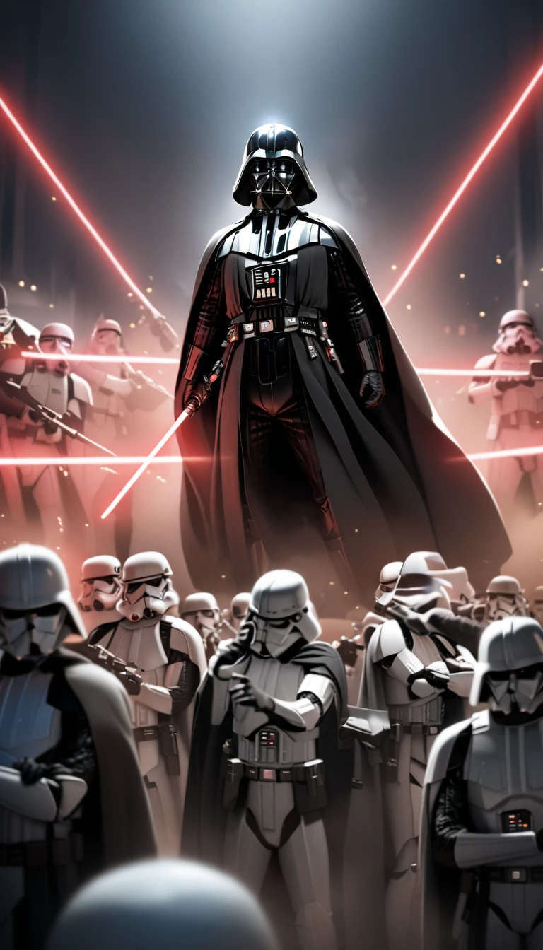 darth vader standing in front of a group of storm troopers in a room, holding lightsabe in his hands, walking across a bunch of stormtroopers behind him, Black_outfit,hood, hood_up, boots, darth vader helmet,cape,armor, shoulder armor, armored boots, glowing_sword, glowing_weapon,holding_sword, holding_weapon, hood, laser, lightsaber,holding a lightsaber,energy_sword, glowing, glowing_weapon,darth vader, 1 Man, looking at viewer,(closed mouth:1.0), NSFW,official art,extremely detailed CG unity 8k wallpaper, perfect lighting,Colorful, Bright_Front_face_Lighting, (masterpiece:1.0),(best_quality:1.0), ultra high res,4K,ultra-detailed, photography, 8K, HDR, highres, absurdres:1.2, Kodak portra 400, film grain, blurry background, bokeh:1.2, lens flare, (vibrant_color:1.2)