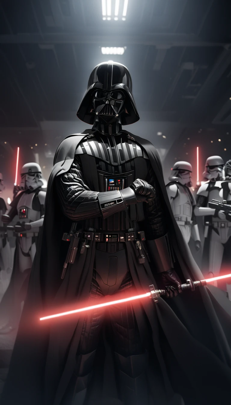 darth vader standing in front of a group of storm troopers in a room, holding lightsabe in his hands, walking across a bunch of stormtroopers behind him, Black_outfit,hood, hood_up, boots, darth vader helmet,cape,armor, shoulder armor, armored boots, glowing_sword, glowing_weapon,holding_sword, holding_weapon, hood, laser, lightsaber,holding a lightsaber,energy_sword, glowing, glowing_weapon,darth vader, 1 Man, looking at viewer,(closed mouth:1.0), NSFW,official art,extremely detailed CG unity 8k wallpaper, perfect lighting,Colorful, Bright_Front_face_Lighting, (masterpiece:1.0),(best_quality:1.0), ultra high res,4K,ultra-detailed, photography, 8K, HDR, highres, absurdres:1.2, Kodak portra 400, film grain, blurry background, bokeh:1.2, lens flare, (vibrant_color:1.2)