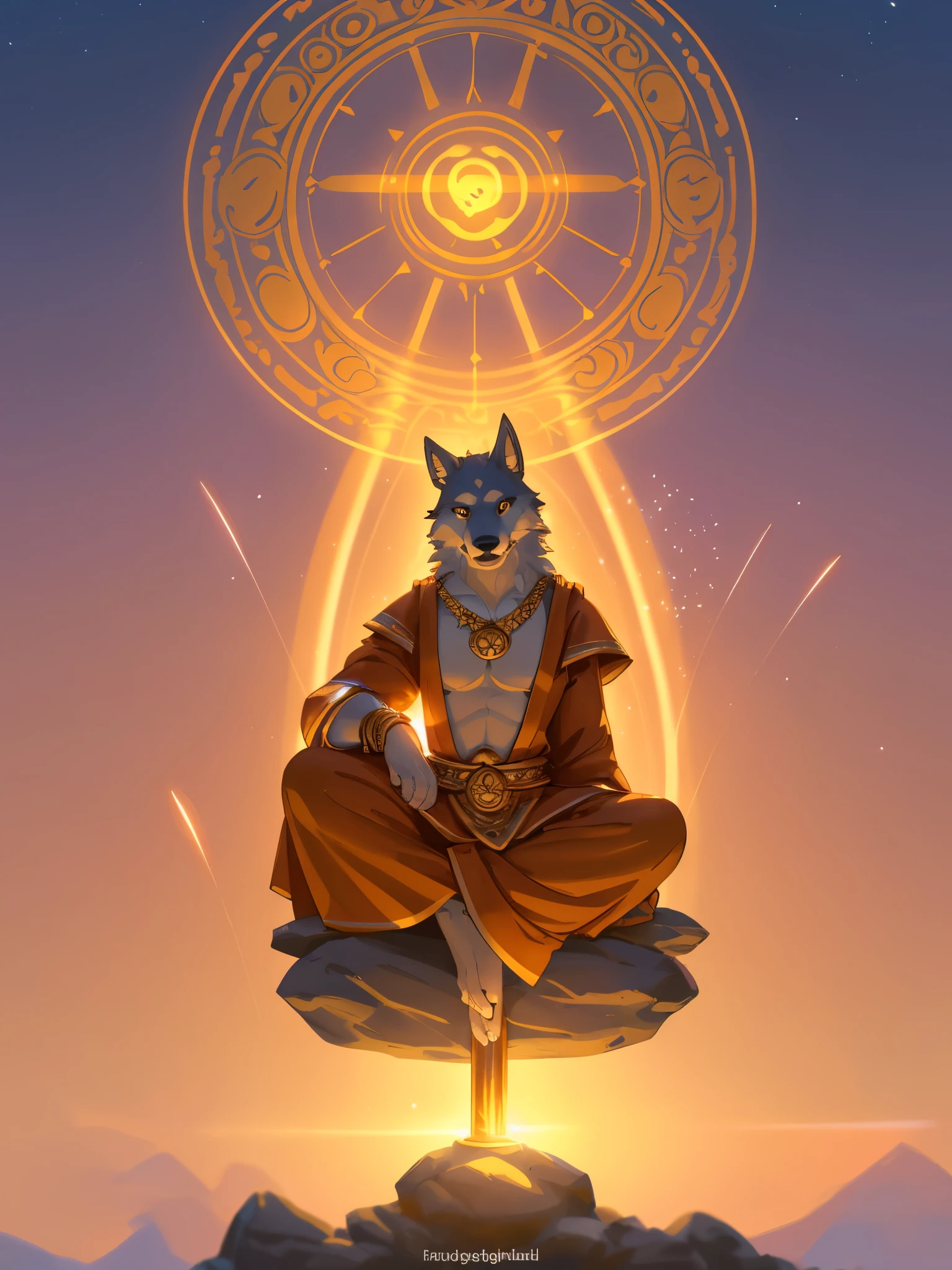 male wolf monk in the garden,dreamy background,lotus position,put one's palms together,The Sanskrit golden wheel behind it,Flying golden Sanskrit,kindness, divinity,divine light,holy light,boundless light,magnificent sunset background,octane render,gorgeous features,beautifully detailed eyes,intricate fur,detailed face,perfect skin texture,extreme details,full body view,cinematic lighting,professional lighting,centered, looking at camera,8k,shot with Hasselblad X1D-50, maximum focus, depth of field, perfect lighting, light particles,(best quality),(masterpiece),(ultra detailed),sharp focus,light particles