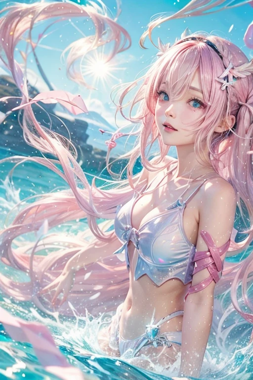 Light pink hair, Pink Eyes, Pink and white, Blue sky, Brightly colored swimsuits、Water splashes, Light Racing, Wavy long hair、Water splashes、Light of the sun、pigtails hair
