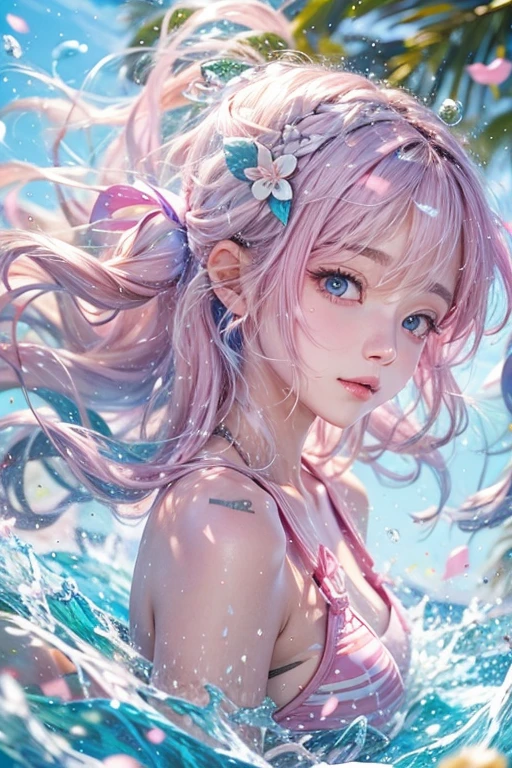 Light pink hair, Pink Eyes, Pink and white, Blue sky, Brightly colored swimsuits、Water splashes, Light Racing, Wavy long hair、Water splashes、Light of the sun、pigtails hair