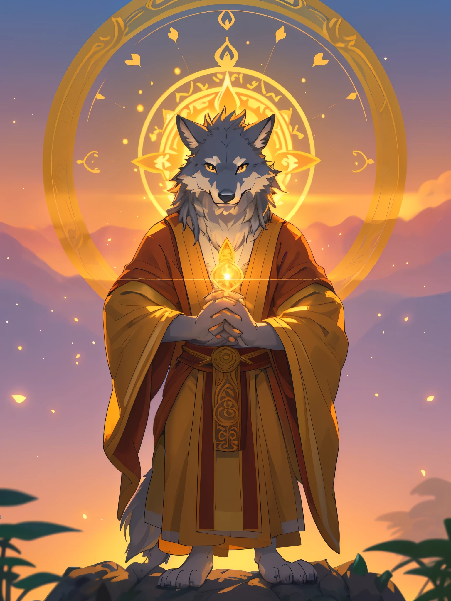 male wolf monk in the garden,dreamy background,lotus position,put one's palms together,The Sanskrit golden wheel behind it,Flying golden Sanskrit,kindness, divinity,divine light,holy light,boundless light,magnificent sunset background,octane render,gorgeous features,beautifully detailed eyes,intricate fur,detailed face,perfect skin texture,extreme details,full body view,cinematic lighting,professional lighting,centered, looking at camera,8k,shot with Hasselblad X1D-50, maximum focus, depth of field, perfect lighting, light particles,(best quality),(masterpiece),(ultra detailed),sharp focus,light particles