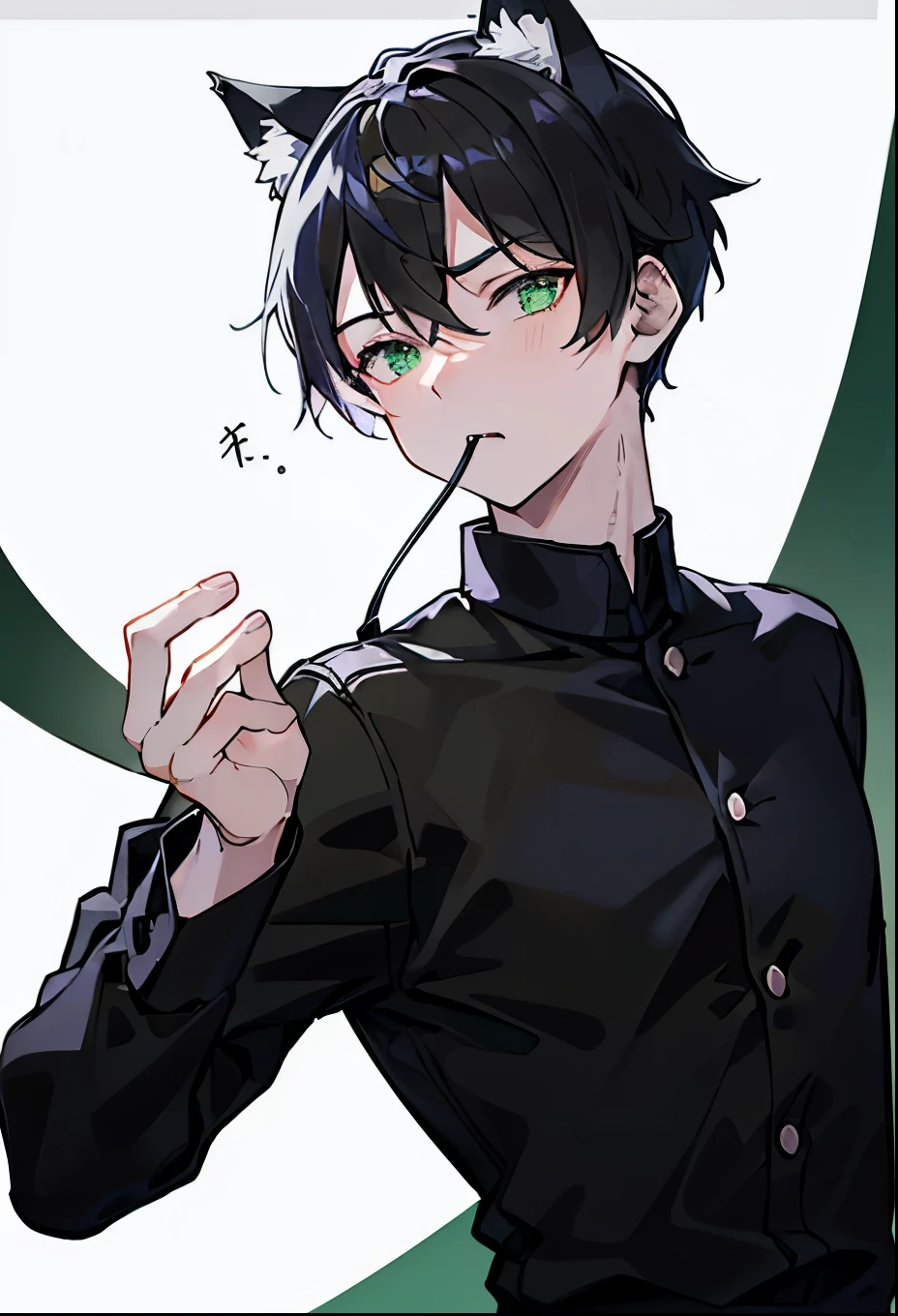 孟买猫male角色,male,youth,Green eyes,curious,Felidae,Cat ears,Black casual wear,眼镜curious,Calm and gentle,Black buzz cut,White Highlights in Black Hair,Mouth slightly open,Masculine,Aggressive